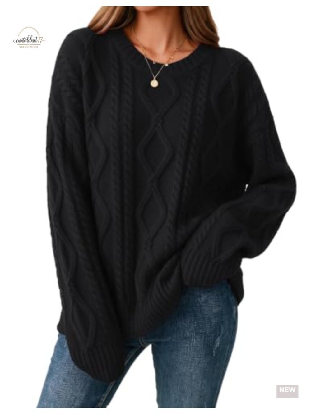 Cable Knit Crewneck Long Sleeve Pullover Sweater Loose Fit